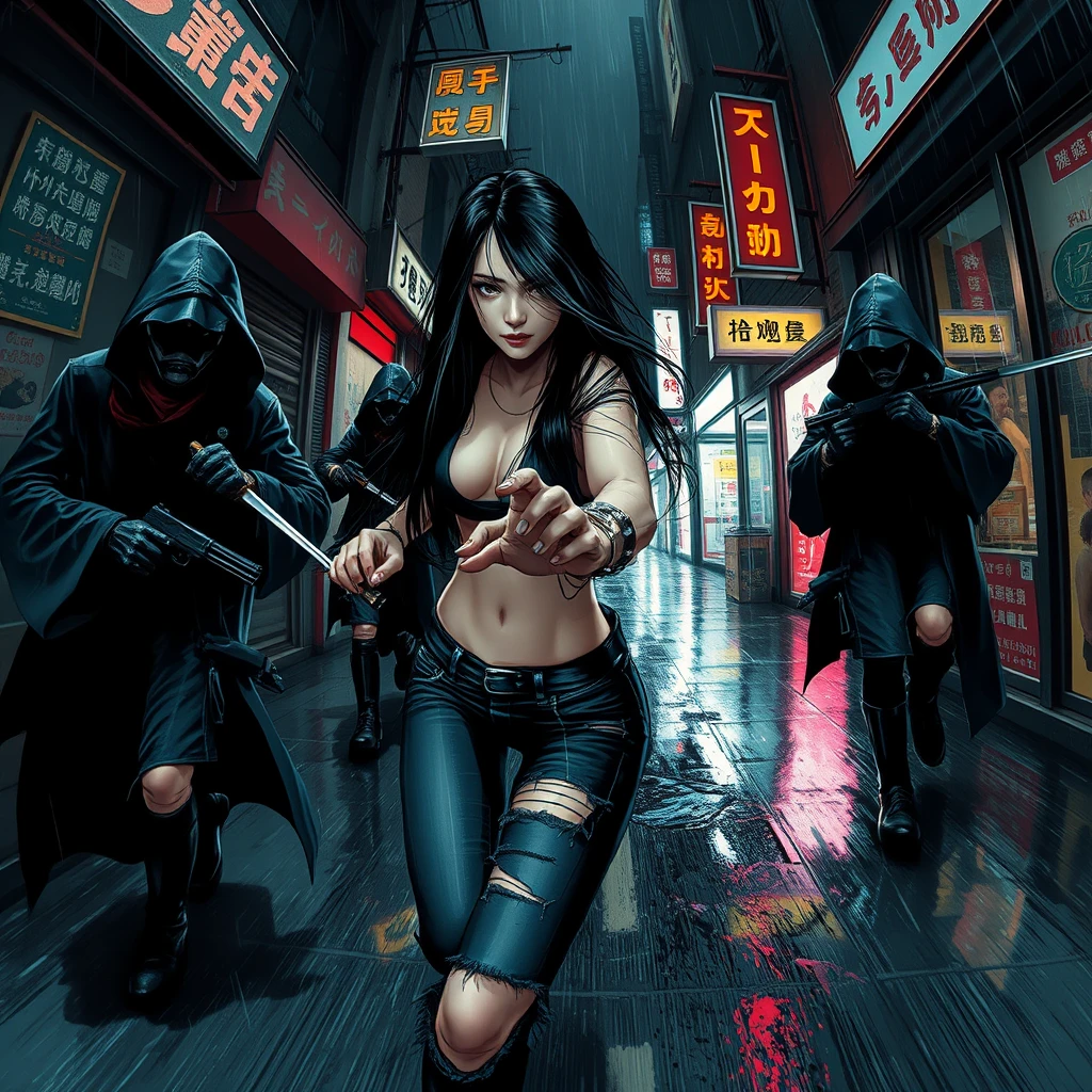 Dark grungy brush strokes, sexy alluring cyberpunk Japanese female with long straight black hair, sprinting desperately down a dark dystopian urban alleyway being chased by menacing cyberpunk assassins with katanas in futuristic hooded cloaks just about to reach her, katanas reflecting neon lights, holding a revolver pistol in her right hand, ripped jeans, ripped fishnet leggings, she is turned slightly towards the chasers, bokeh, depth of field, raining, wet surfaces, wet hair, cybernetic implants, fisheye lens, high FOV, grunge graffiti art style, Japanese shop signs, neon lights with realistic lighting, dark and gloomy, manhwa art style, realistic lighting, realistic reflections, high quality, 8k, concept art, close up camera shot, realistic hands, realistic pistol, atmospheric lighting, realistic katanas. - Image