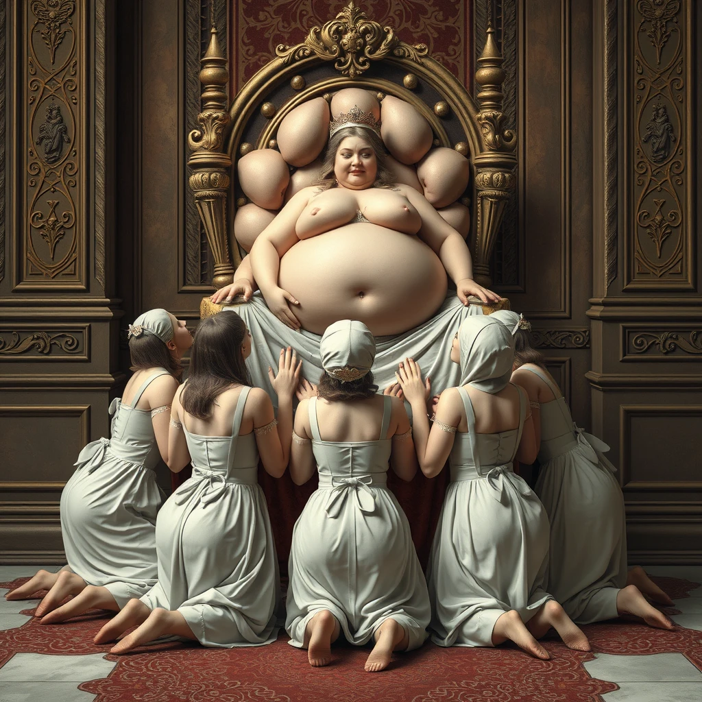 A group of palace maids knelt together to form a throne of flesh, with the plump queen resting on top. - Image