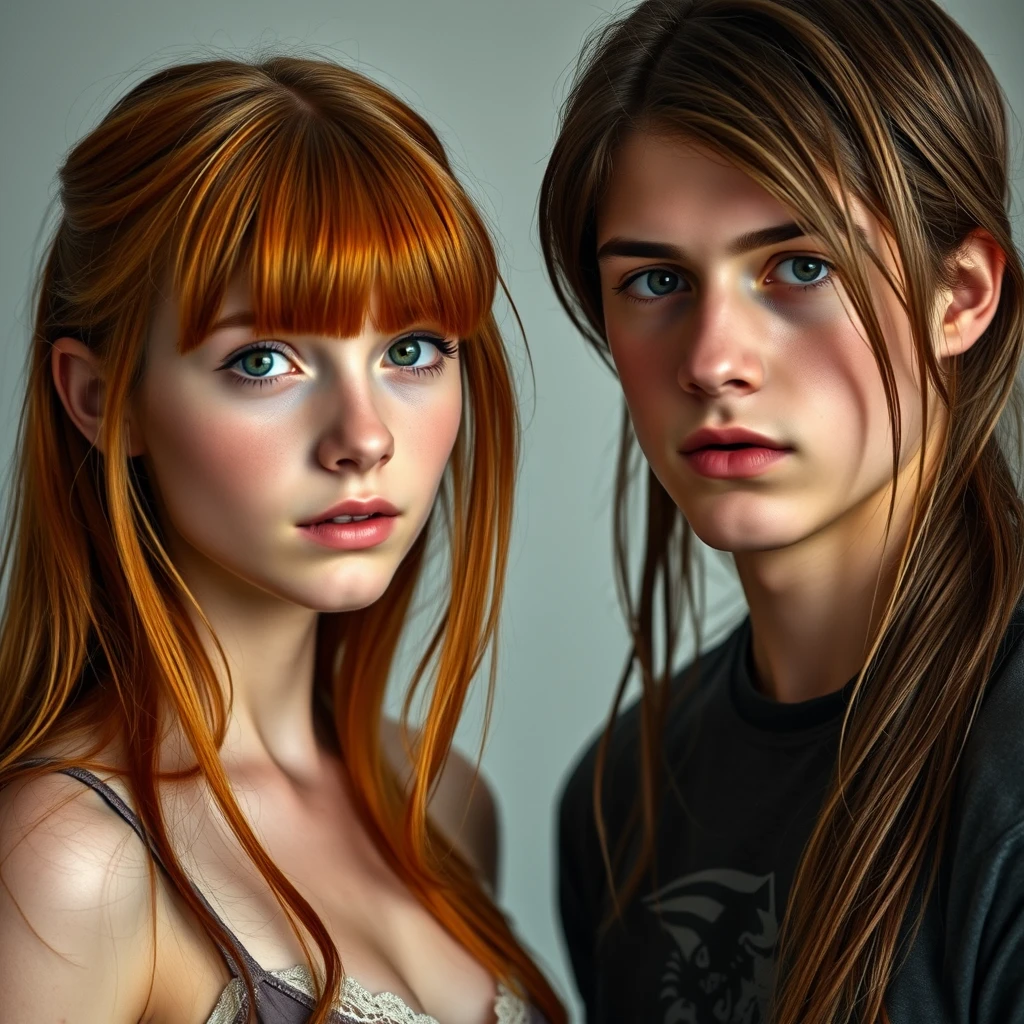 Short skinny teenage girl with long ginger hair with bangs, green eyes, and big boobs with a young tall guy with long brown hair and dark eyes. - Image