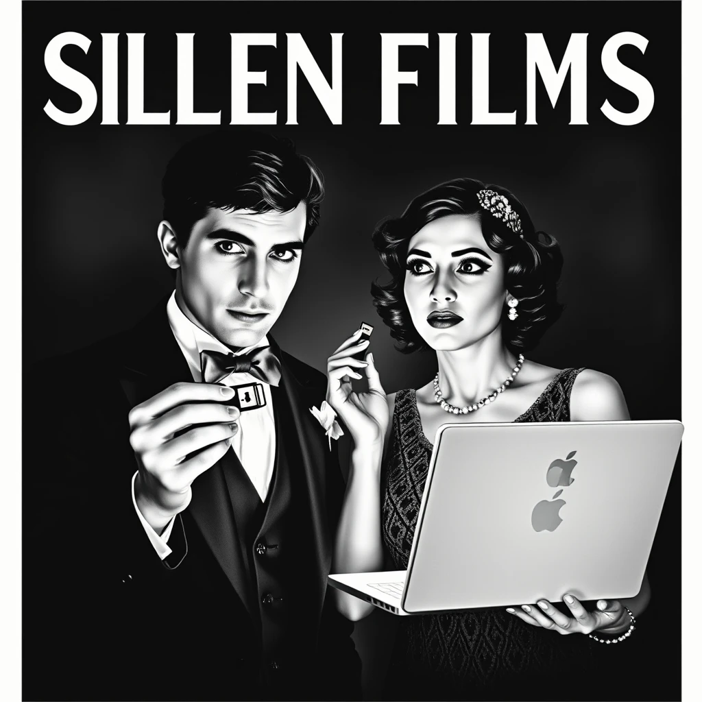 A black-and-white Silent Film-style poster depicts a romantically involved couple from the 1920s, striking theatrical poses typical of the era. They are adorned in classic 1920s makeup. Each person is seen marveling at modern media formats; the man holds a thumb-drive, displaying a look of wonder, whereas the woman is captivated by the image on her Mac Pro laptop screen.