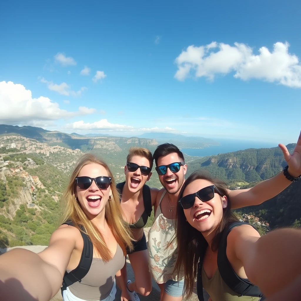 Four friends having extreme fun in Pals, Catalonia. - Image