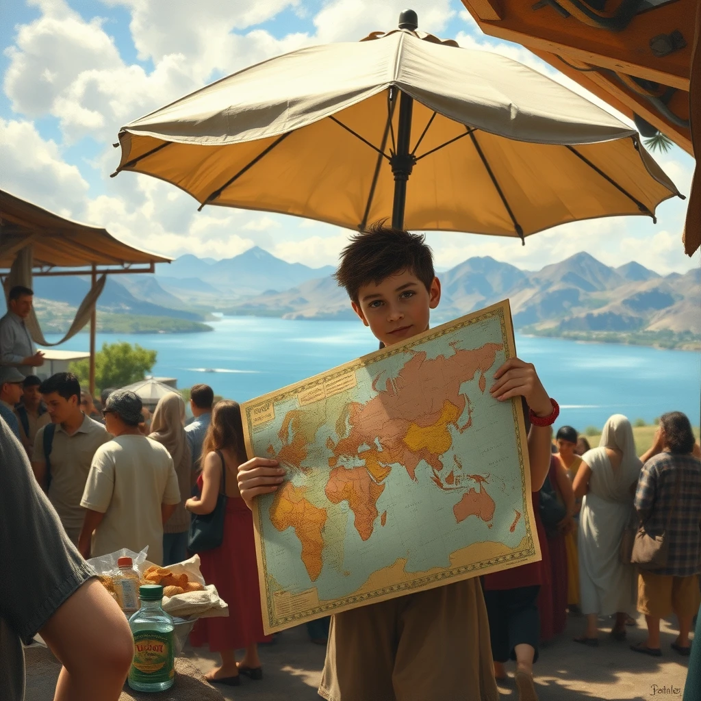 A boy holds a large map, surrounded by a group of people, in a busy marketplace, with a beautiful, serene lake and a mountain range in the background, under an umbrella, with a bottle of ointment on the ground, ((masterpiece)) - Image