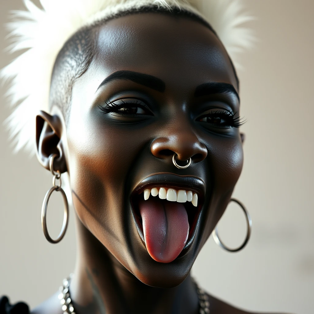 Beautiful black woman, fangs, split tongue, nose ring, side shave, shaved head, white Mohawk, nose rings, earrings, piercings, head tattoo, tattoos, demon, vampire. - Image