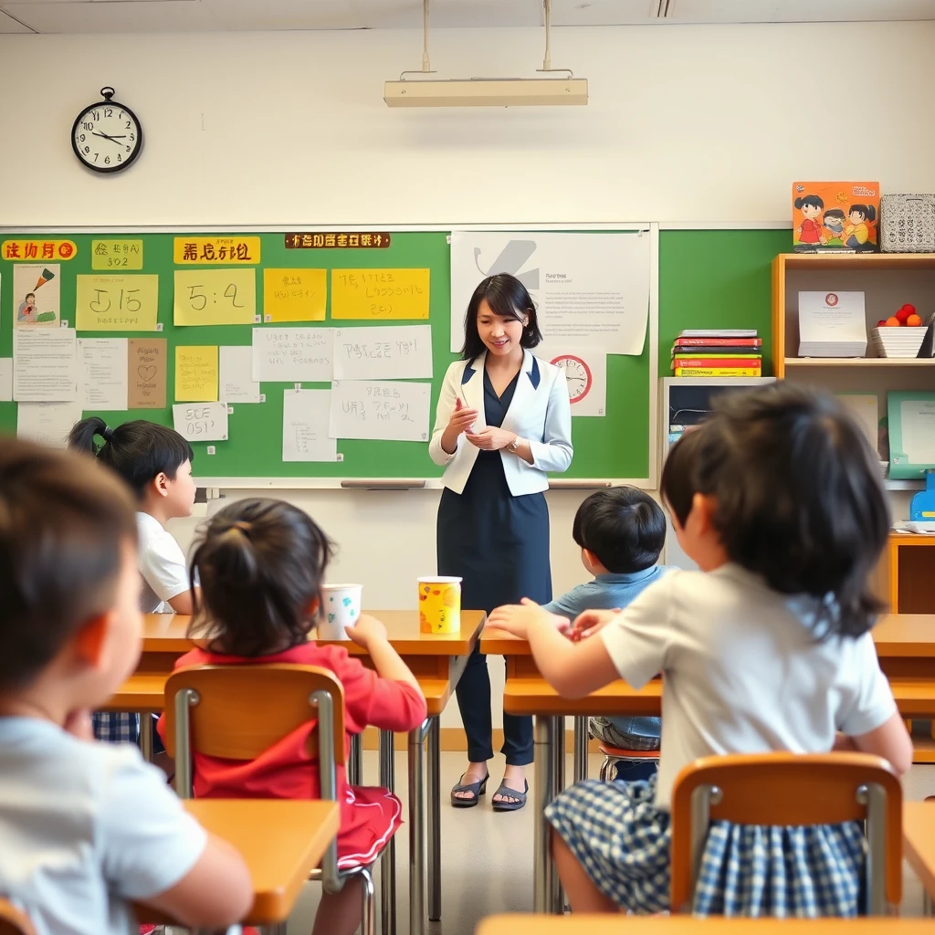 In the classroom, during the break, there are little children chasing and playing around, there is a beautiful teacher, and there is Japanese. There must be a beautiful teacher. - Image