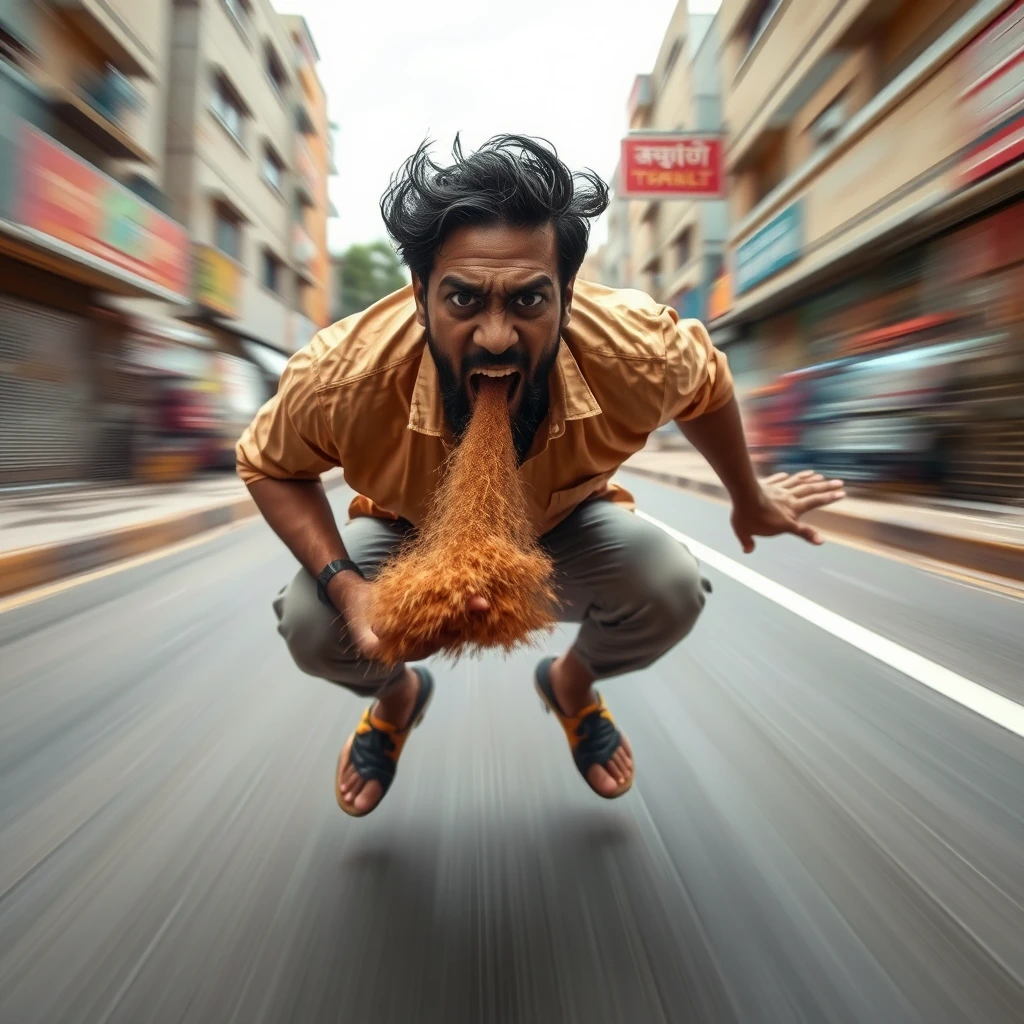 Indian man flying away at high speed, 20 meters high, in a squat pose, farting a high-pressure stream of brown liquid, low-quality CCTV footage, angrily screaming at the camera, bulging eyes, front view, radial blur.