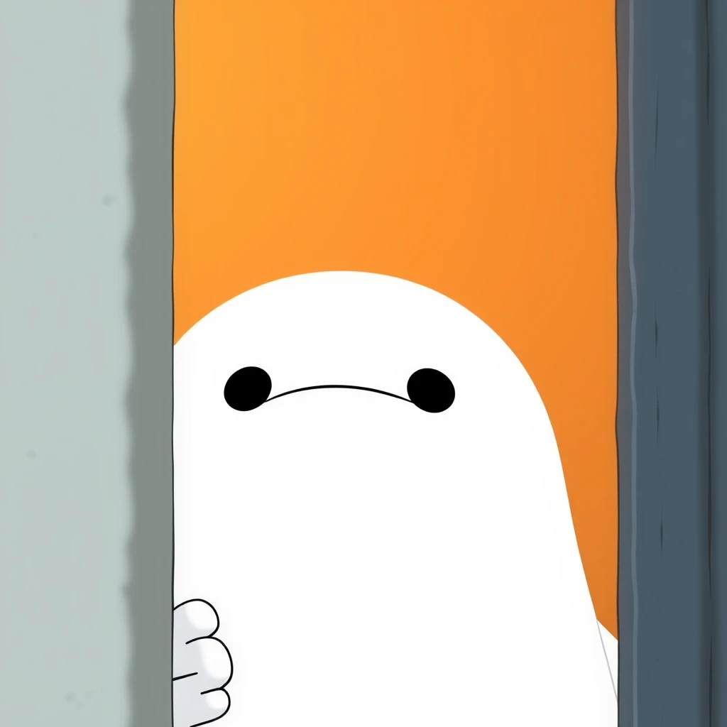 "Baymax peeking part of his face from behind the wall." - Image