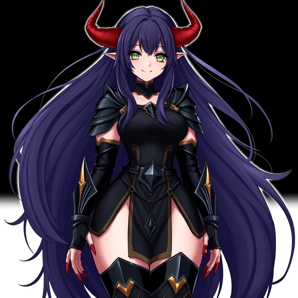 solo, 1 girl, high quality, very long hair, dark violet hair, green eyes, long red fingernails, demon horns, large hips, black armor with gold trim, standing pose, smooth curves, curvy body, black background, full body.