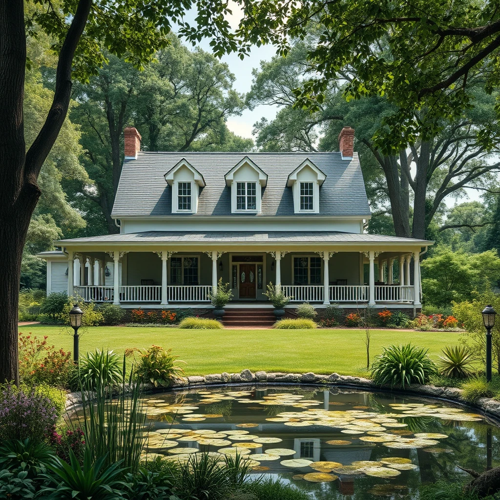 A house in a large garden with a veranda and lots of plants  
A pond can be seen in front, and trees behind  
A T-Rex can be seen through the trees. - Image