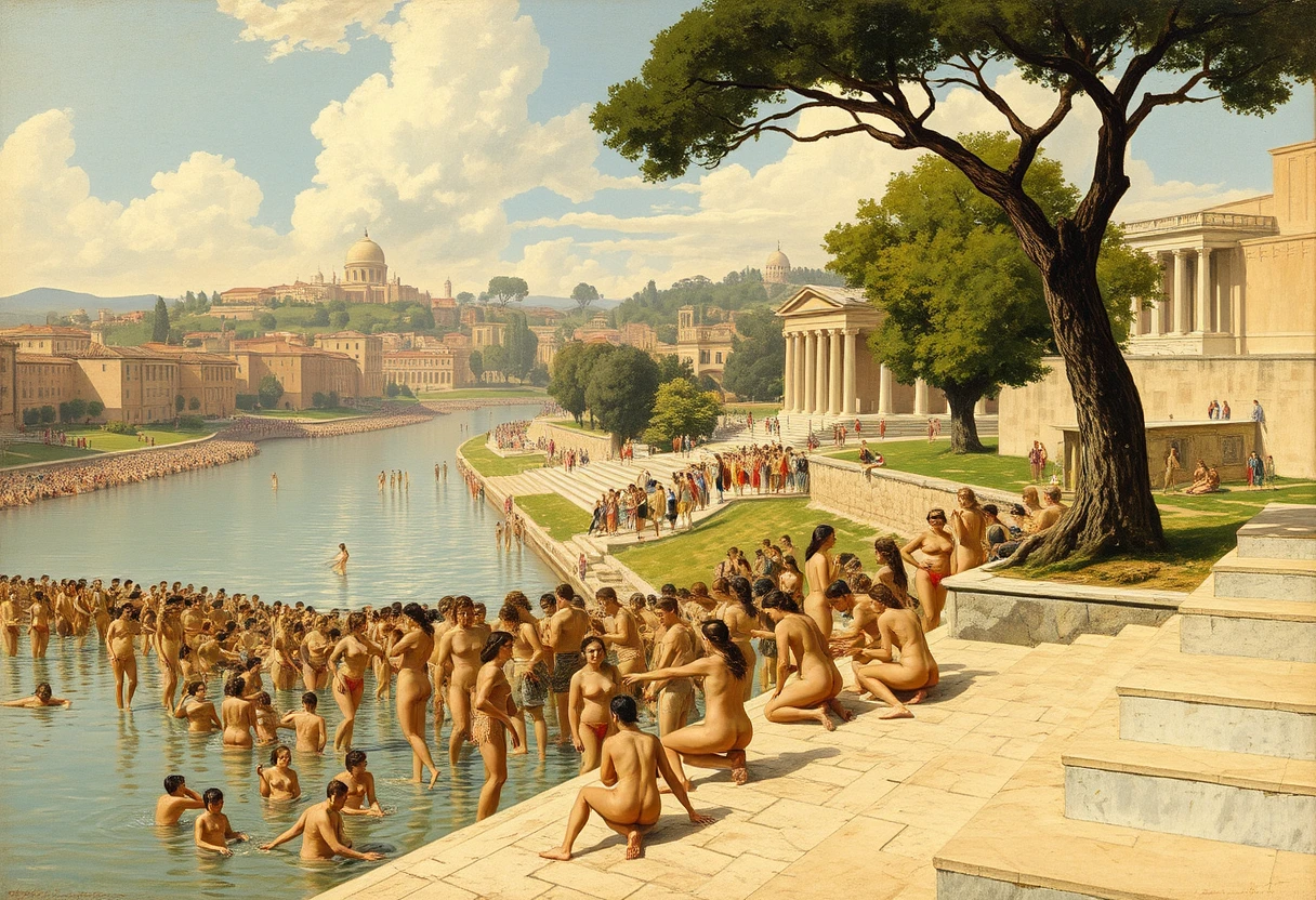 Nude bathing women, crowd, large river, buildings, tree, stone steps, Persian temple, sky, rule of thirds, art by Edwin Lord Weeks. - Image