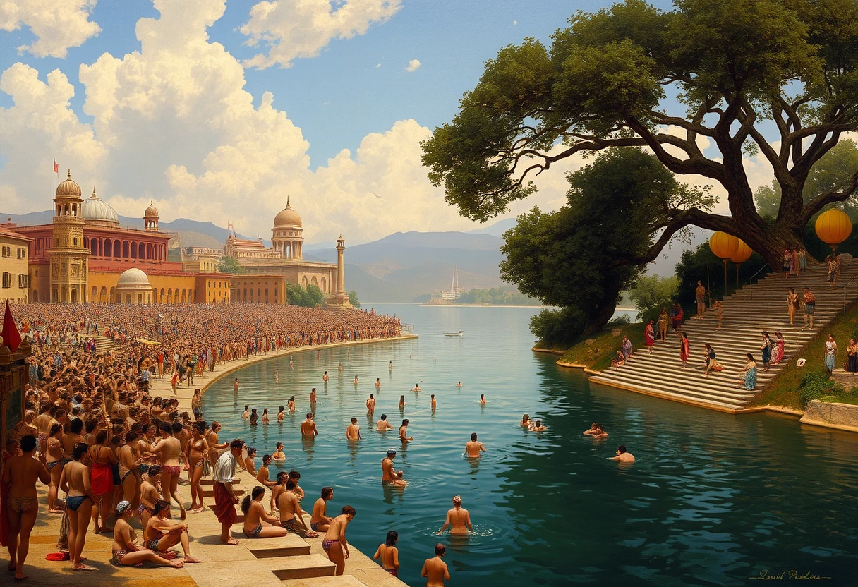 Nude Bathing women, crowd, large river, buildings, tree, stone steps, Persian temple, sky, rule of thirds, Art by Edwin lord weeks - Image