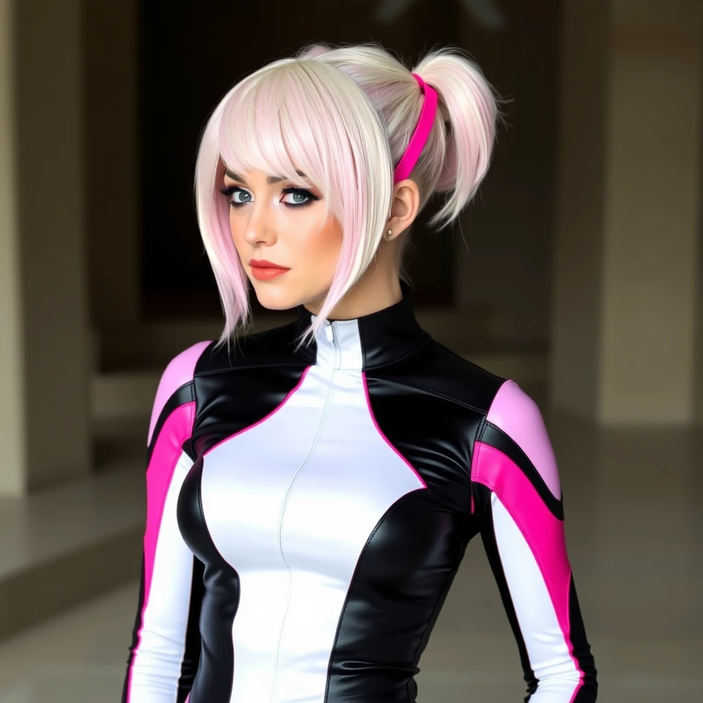 photograph of a Gwen Stacy cosplay. white-black with pink accents. tight. undercut.