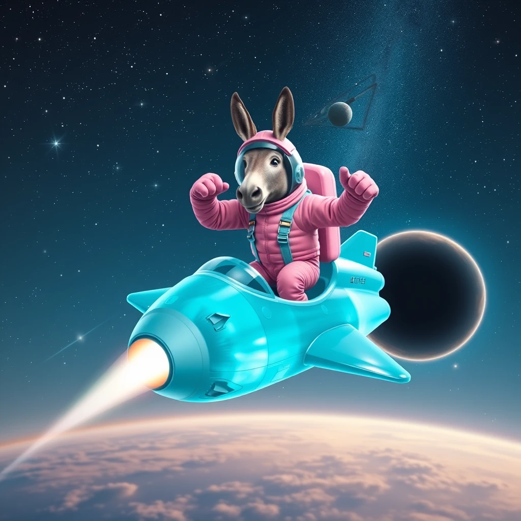 An ambitious donkey wearing pink astronaut costume, riding on a crystal stunning cyan spaceship, making a punching gesture, flying to the outerspace under a clear night sky with lots of shining stars, passing by a huge black-hole. Realistic style.