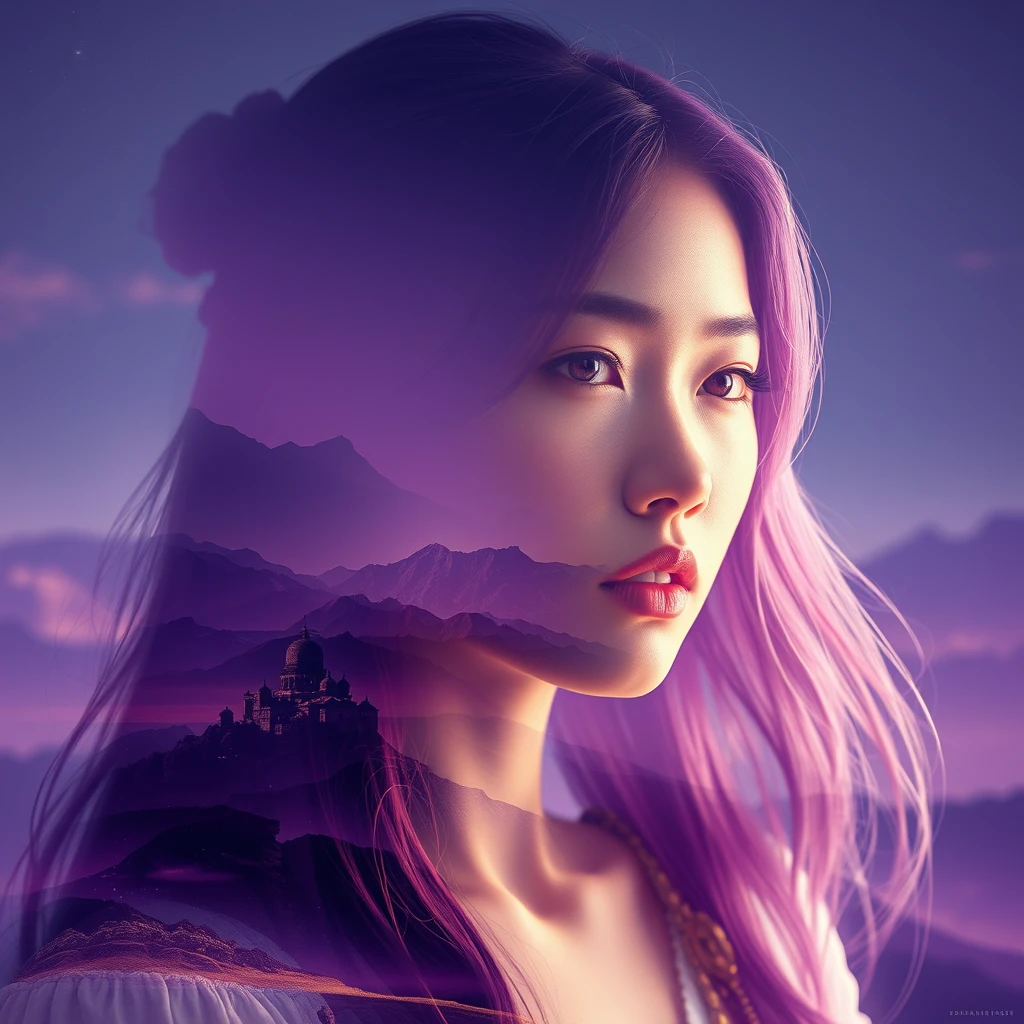 Multiple exposure, the art of Alphonse Mucha, Taiwanese beauty, violet, character design, rendering, biomechanics, science fiction, volumetric lighting, beautiful landscapes, detailed faces, dramatic colors. - Image