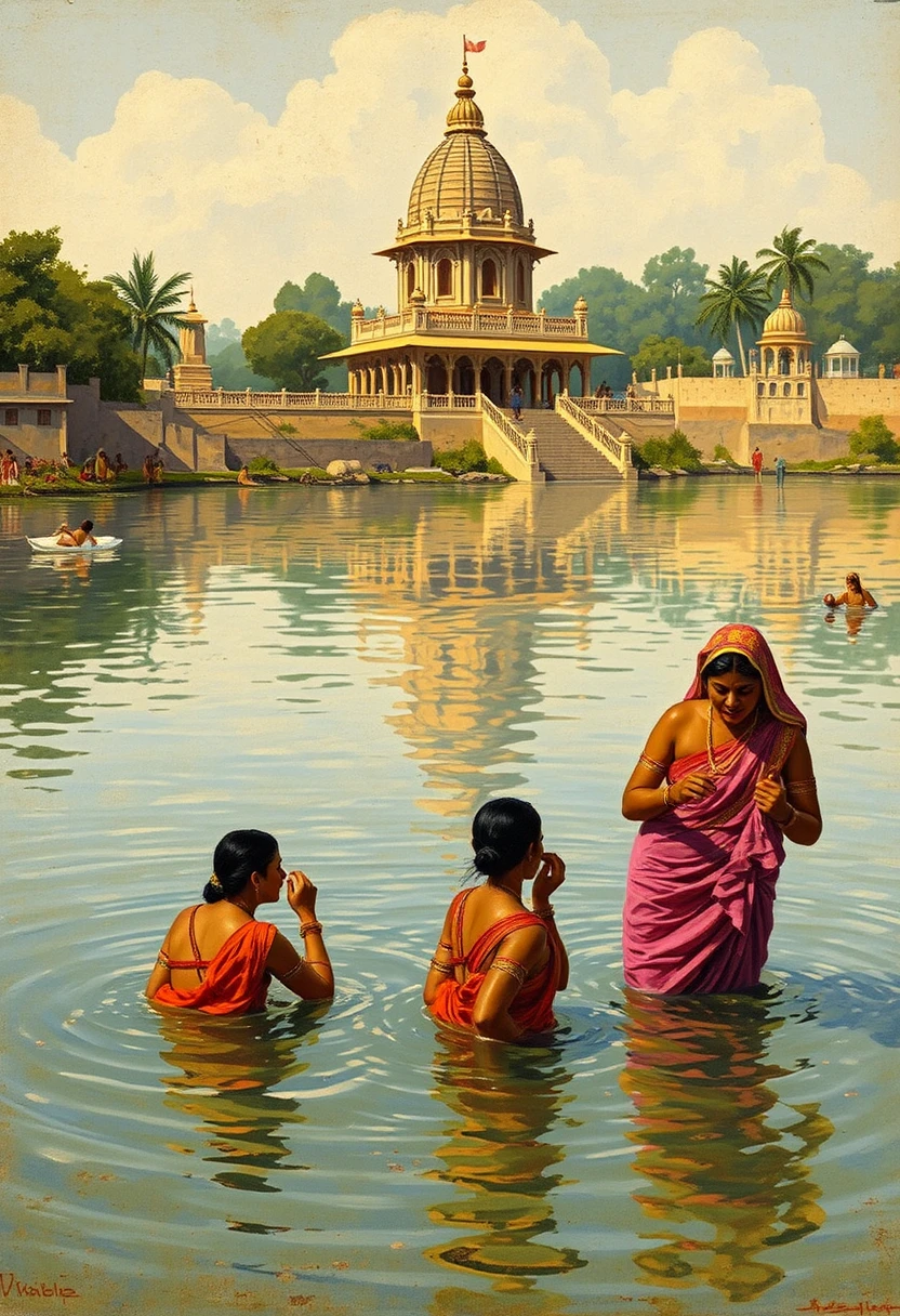 Group of Indian women bathing in the river with a temple in the background, Art by Edwin Lord Weeks.