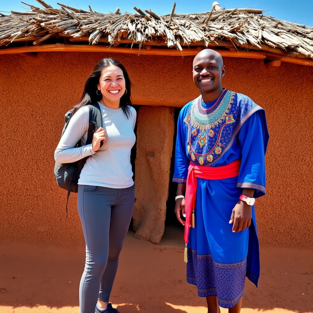 This is a photograph capturing a joyful moment between two people standing in front of a traditional mud-brick hut with a thatched roof, likely in a rural African setting. The person on the left is a woman with long black hair, wearing a light gray long-sleeve shirt, dark gray pants, and blue athletic shoes. She has a black backpack and is smiling broadly, with her arm around the person on the right.

The person on the right is a man with a shaved head, wearing a vibrant blue robe adorned with intricate beadwork and a red sash around the waist. He also wears a white wristband and a red bracelet on his right wrist. The man is smiling and appears to be enjoying the moment.

The background features the textured, rough surface of the mud hut, with a thatched roof made from dried grass. The ground is reddish-brown and dusty. The sky above is clear and blue, suggesting a sunny day. The overall atmosphere of the image is warm and friendly, highlighting the cultural diversity and camaraderie between the two individuals.