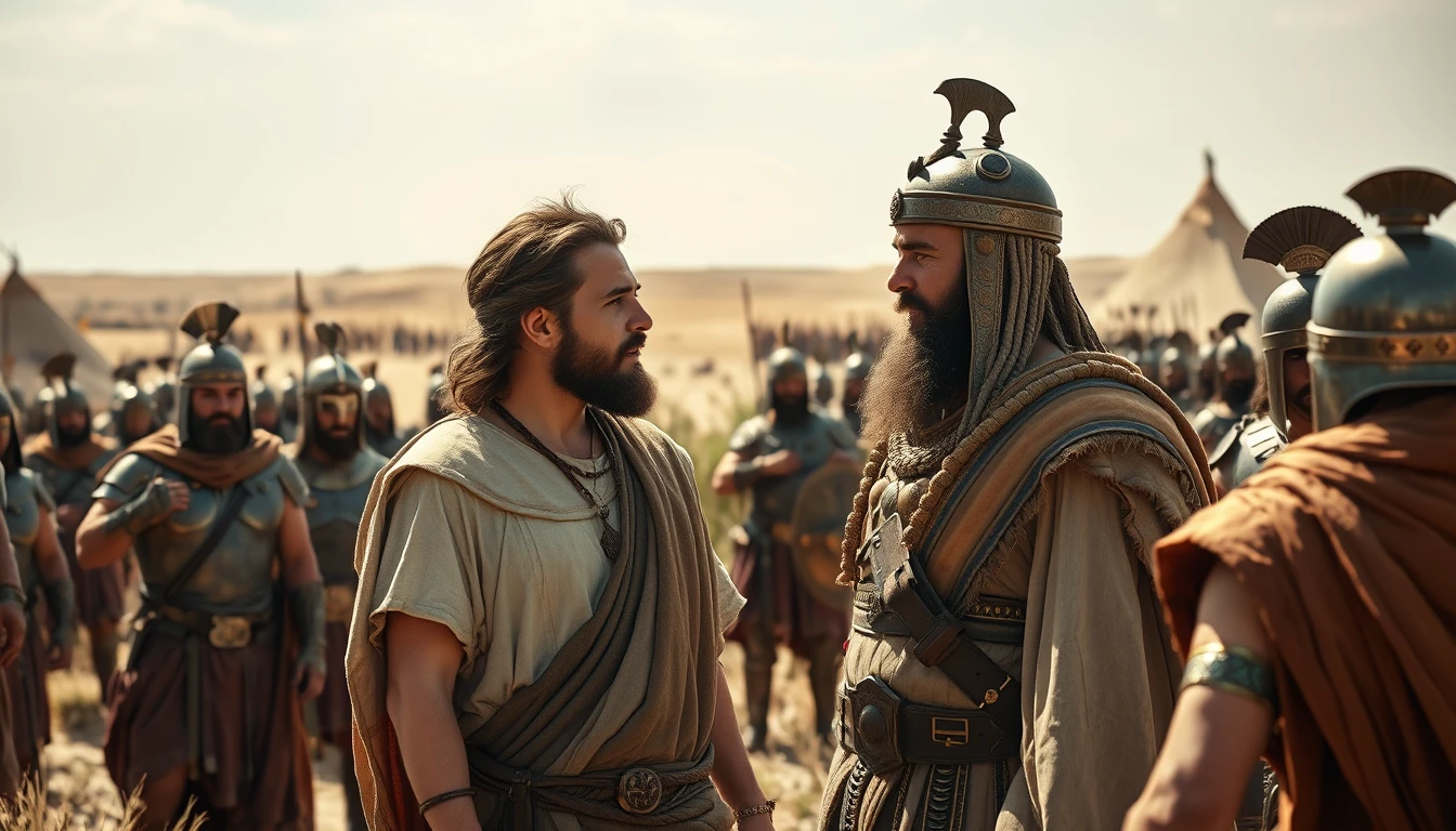 A young man is arguing with a middle-aged Mesopotamian king. The young man is dressed in biblical-era shepherd's attire. Both men are surrounded by a diverse group of men in ancient Mesopotamian bronze-age soldier armor. In the background are Mesopotamian tents pitched on a desert shrub land. In the distant horizon stands another army armed and ready to fight. Dramatic lighting.