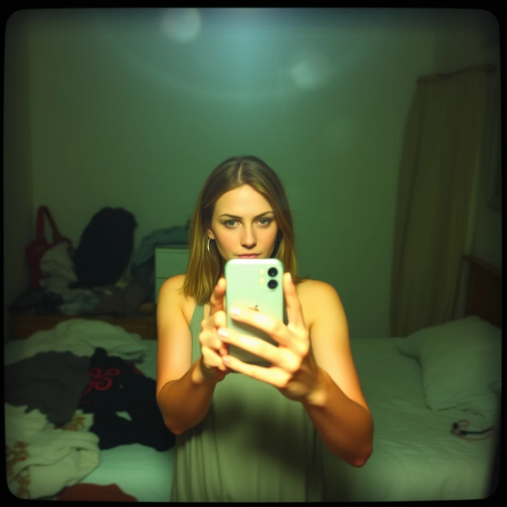 iPhone photo: A woman stands in front of a mirror, capturing a selfie. The image quality is grainy, with a slight blur softening the details. The lighting is dim, casting shadows that obscure her features. The room is cluttered, with clothes strewn across the bed and an unmade blanket. Her expression is casual, full of concentration, while the old iPhone struggles to focus, giving the photo an authentic, unpolished feel. The mirror shows smudges and fingerprints, adding to the raw, everyday atmosphere of the scene. - Image