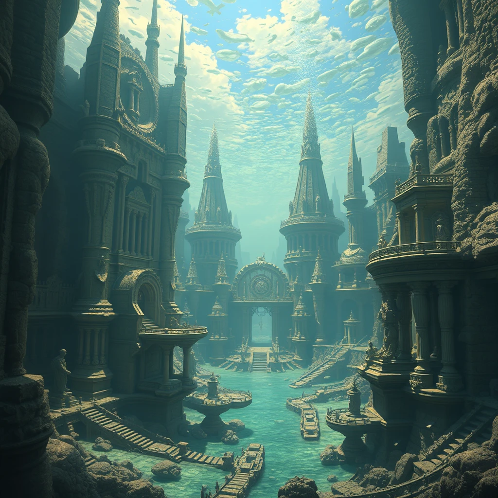 Atlantis, an epic underwater city with huge architecture and advanced technology.