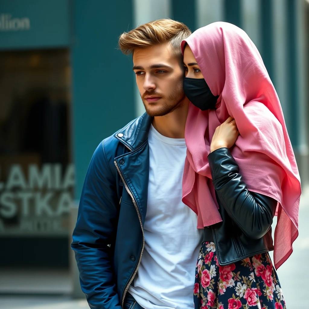 Jamie Dornan's face, hair, and body shot; handsome, young, shaved; white t-shirt, blue jacket, jeans; dating love with the biggest soft pink hijab, black leather jacket, black face mask, biggest floral skirt; hyper-realistic, street photography.