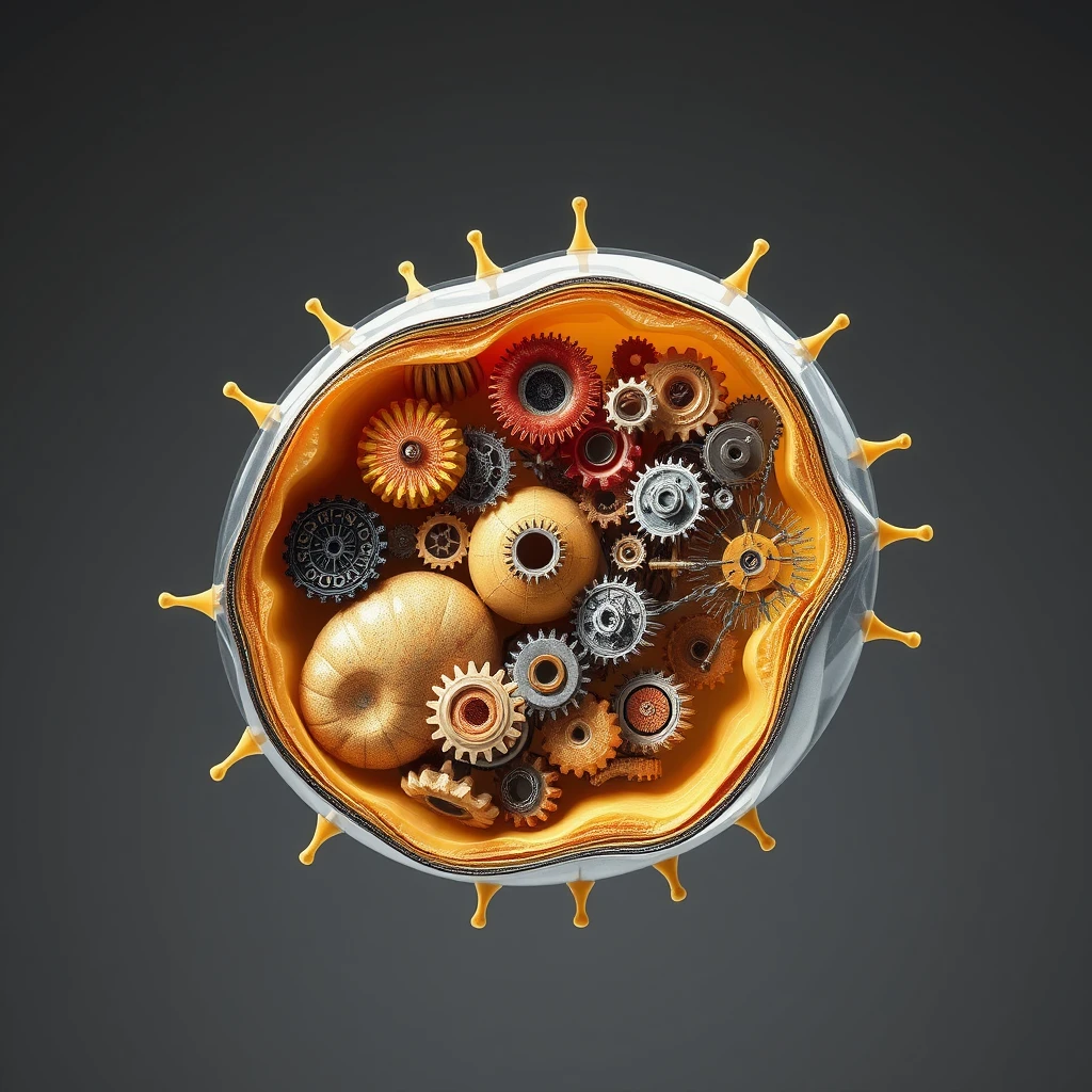 A human cell showing the internals including the main organelles, however each organelle is represented as a mechanical machine with a large number of small interconnected cogs and gears. - Image