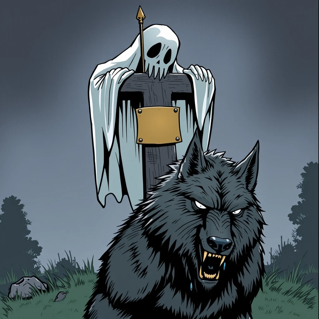 Graphic Novel: A ghost on its grave cross with a brass plaque shrugs its shoulders, in front of it a werewolf with tears.