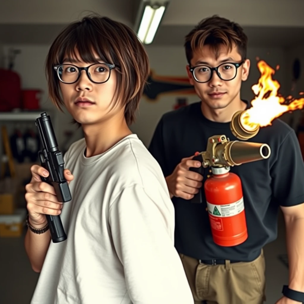 21-year-old white thin northern Chinese man wearing square glasses, mid/long fringe hair, holding a Glock; 21-year-old white Brazilian Italian man wearing round glasses and short hair, holding a very large fire extinguisher flamethrower, in a garage setting. - Image