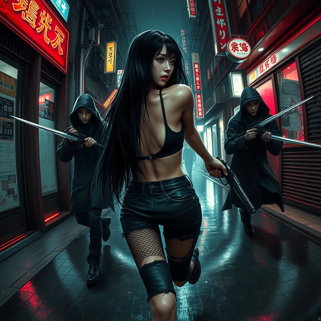 unreal, masterpiece, artstation, score_9, score_10, sexy alluring cyberpunk japanese female with long straight black hair, sprinting desperately down a dark dystopian urban alleyway being chased by menacing cyberpunk assassins with katanas in futuristic hooded cloaks just about to reach her, katanas reflecting neon lights, holding a revolver pistol in her right hand, ripped jeans, ripped fishnet leggings, she is turned slightly towards the chasers, bokeh, depth of field, raining, wet surfaces, wet hair, cybernetic implants, fisheye lens, high FOV, grunge graffiti art style, japanese shop signs, neon lights with realistic lighting, dark and gloomy, manhwa art style, realistic lighting, realistic reflections, high quality, 8k, concept art, close up camera shot, realistic hands, realistic pistol, atmospheric lighting, realistic katanas.