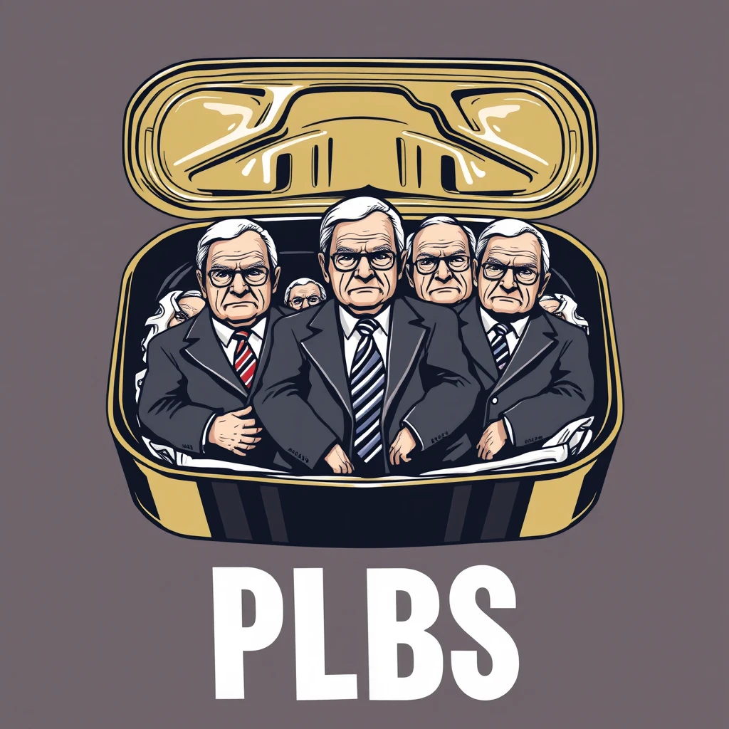 A playful t-shirt design featuring an open sardine can with a twist-off top, showing five wealthy older men standing upright and packed shoulder to shoulder in business suits, scowling, with the text "PLEBS" underneath. View from the front. - Image