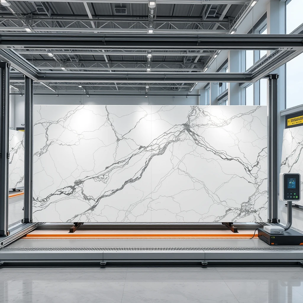 Please show an animation of a smart, stylish automated display system that can hold large 4-meter sized polished marble panels, allowing the marble panels to be transported to the display arena using a combination of overhead rails and AGVs, and upon arrival, automatically arranged into an L-shaped bookmatch format, with a horizontal foldline. - Image