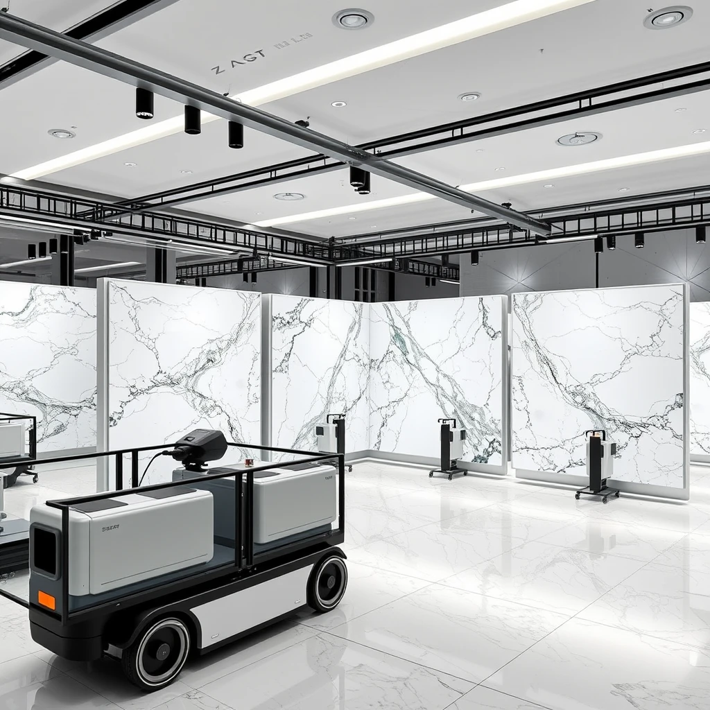 Smart, stylish automated display system that can hold large 4 meter sized, polished marble panels such that the marble panels can be carried up to the display arena using a combination of overhead rails and AGVs, arriving automatically arranged into L-shaped bookmatch format for the best viewing experience. - Image