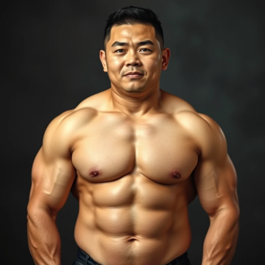 A full body portrait of a muscular, beefy Asian male, high body fat, buzz cut, 4k, detail, hd, 32k uhd, real.