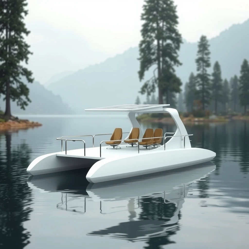 Smart minimalist design of an open hydrodynamic, 6 meter long catamaran boat with 6 seats, with adequate safety rails, in a calm lake in Kashmir, the platform powered by batteries and thruster pods, with a foldable hard roof carrying solar panels over it.