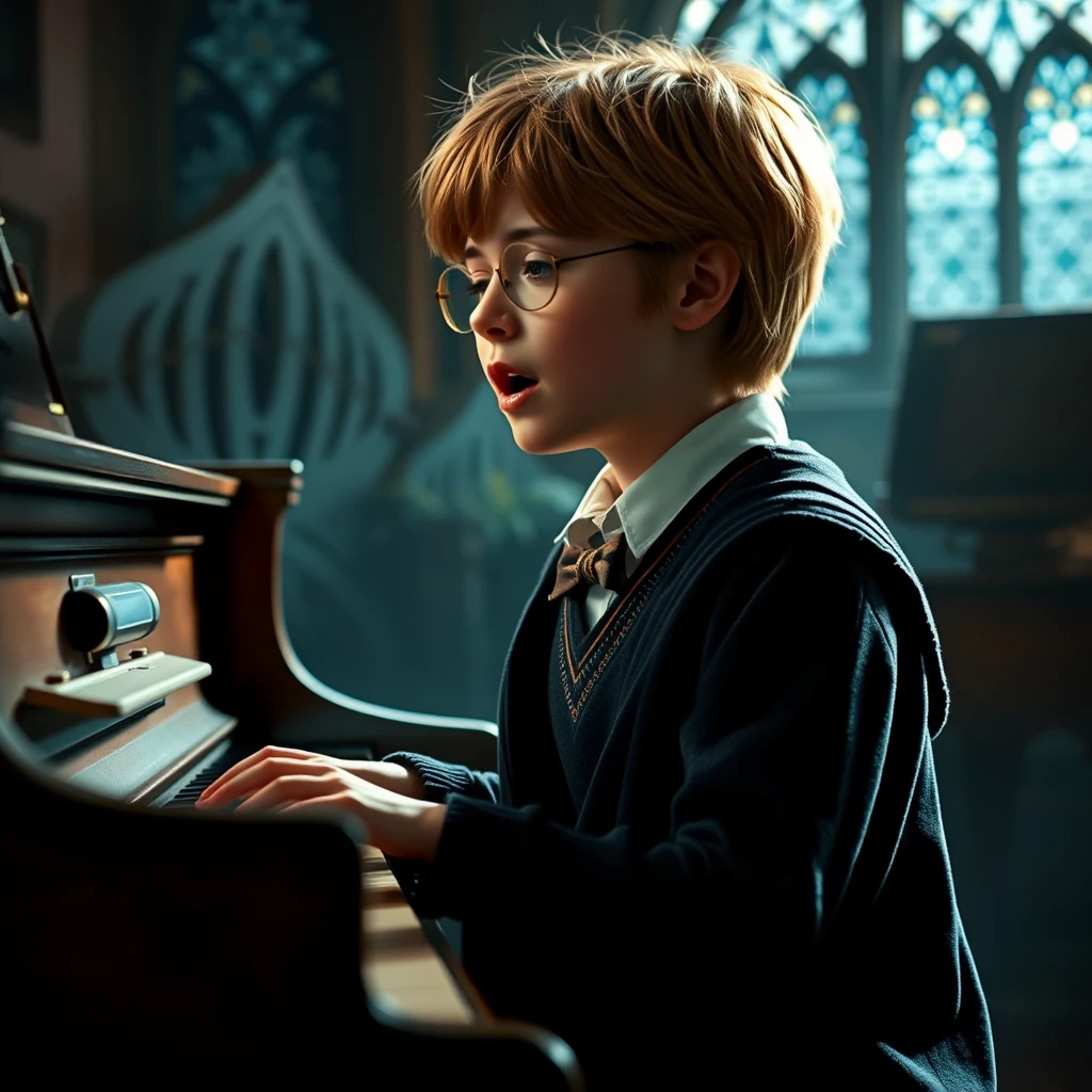 Photo realistic: Hermione Granger sings at the piano. - Image