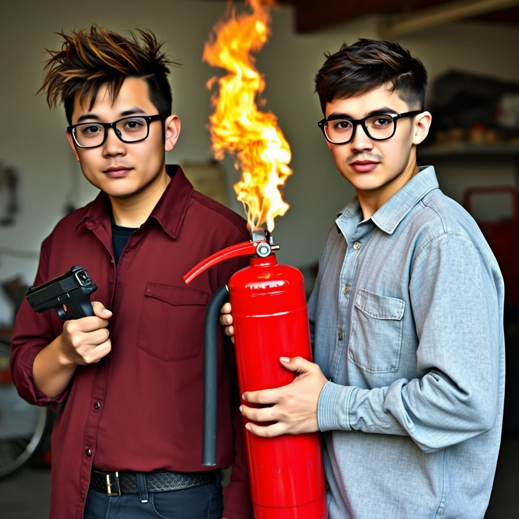 21-year-old white Chinese man wearing square glasses and a fringe mullet, holding a pistol; 21-year-old white Italian man wearing round glasses and short hair, holding a very large fire extinguisher flamethrower, in a garage setting.