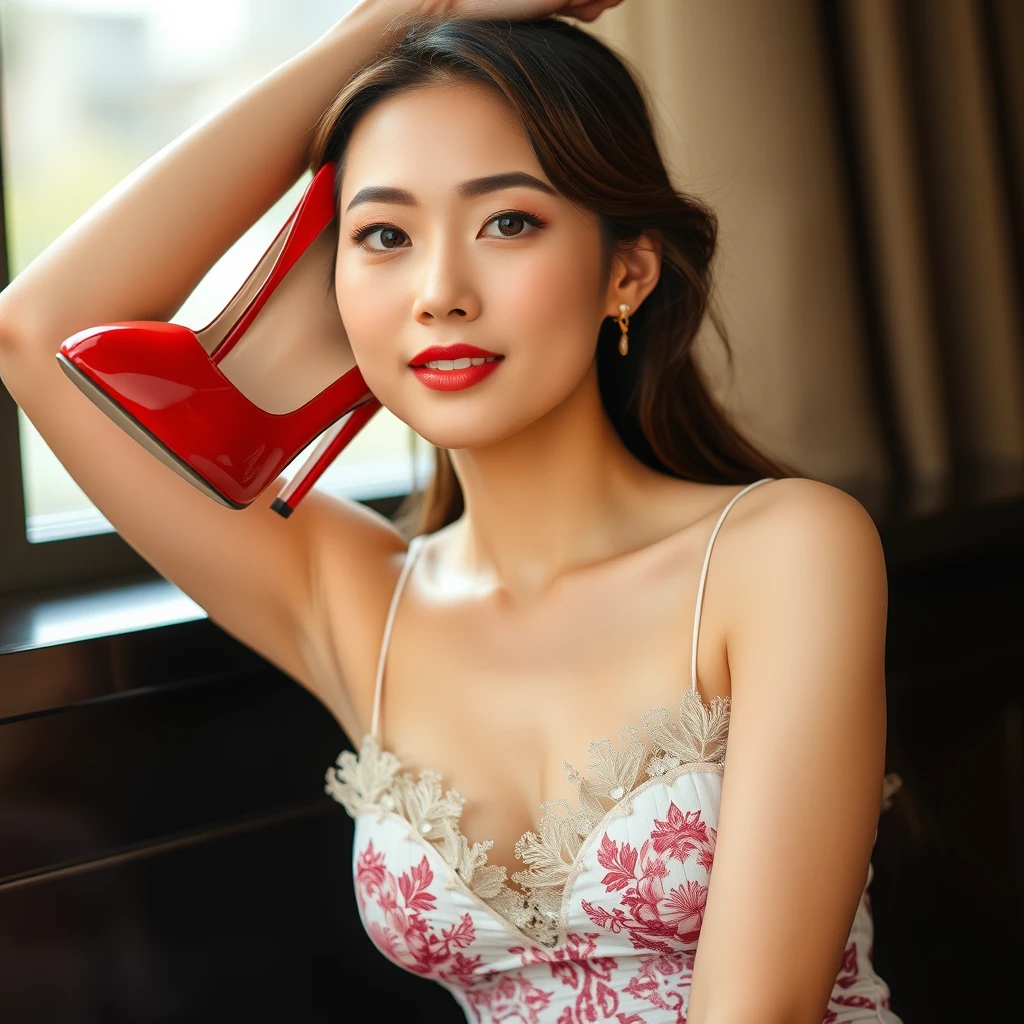 Asian lady with red heels.