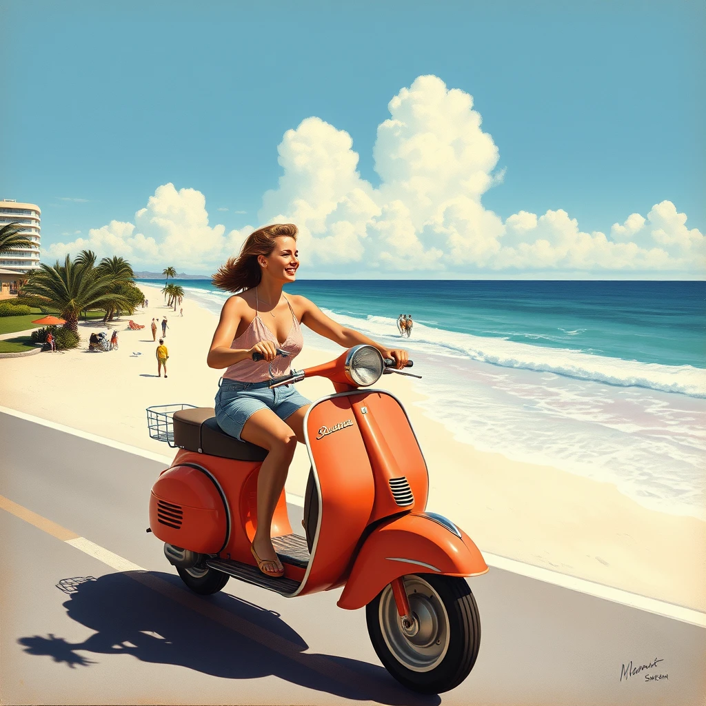 A Miami Beach postcard featuring a couple riding 2 scooters from 1956, as painted by Arthur Sarnoff, wide, landscape view. - Image