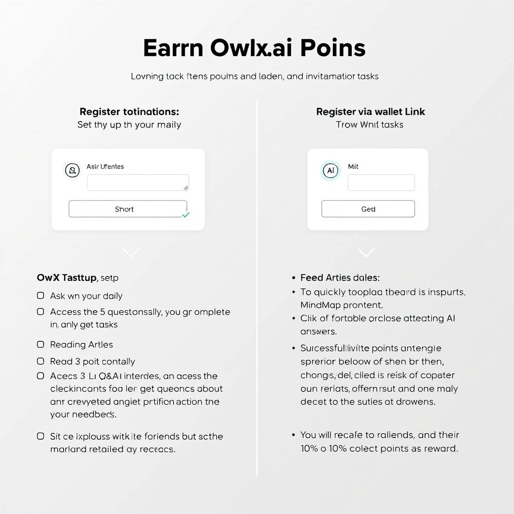 OwlX.ai offers two registration options:  
Register with your email  
And Register via wallet link

How to Earn OwlX.ai Points

Profile Setup  
After logging in, set up your profile to complete daily check-ins, daily tasks, and invitation tasks.

Daily Tasks  
You can ask up to 5 questions daily, earning 10 points for each. Access the AI Q&A interface to ask questions and get answers about any crypto project and related information.

Reading Articles  
Read 3 popular articles daily. To quickly grasp the content, OwlX.ai provides a Mind Map feature. Click to view the Mind Map for a better understanding of the articles. You can also interact with the articles and share your thoughts. If you wish to explore more, click on related questions below to get detailed AI answers.

Invite Friends  
Successfully invite friends and earn rewards when they collect points. You will receive 10% of their points as a reward. Black and White Background. - Image