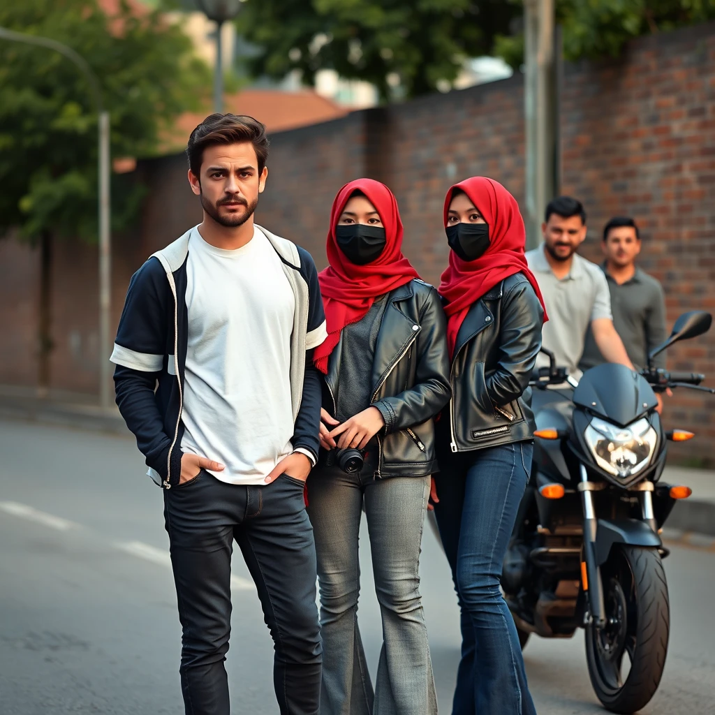 Jamie Dornan and Freddie Prinze, head and body shot, handsome, young, serious face, dark brown hair, white T-shirt, college jacket, skinny jeans, sneakers, standing, discussing with two guys and a short, slim Muslim girl in a red hijab, beautiful eyes, black face mask, black leather jacket, gray long T-shirt, bell-bottom jeans, red sneakers, holding a Canon DSLR camera, near a town road, superbike, hyper-realistic, street photography, brick wall, full body photo, five other random smiling friends in the background. - Image