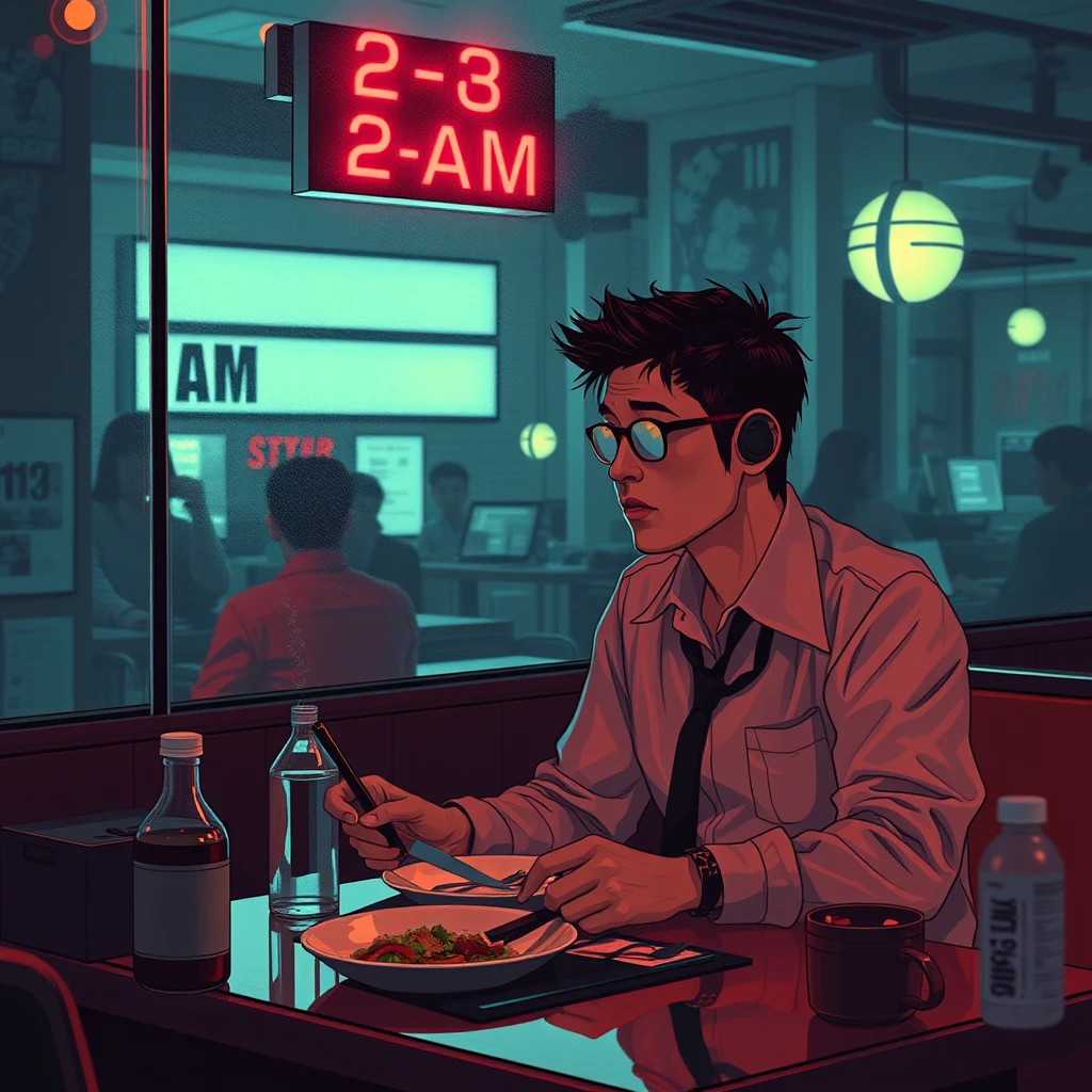 "At 2 AM, an office worker is dining in a restaurant, in a cyberpunk style." - Image