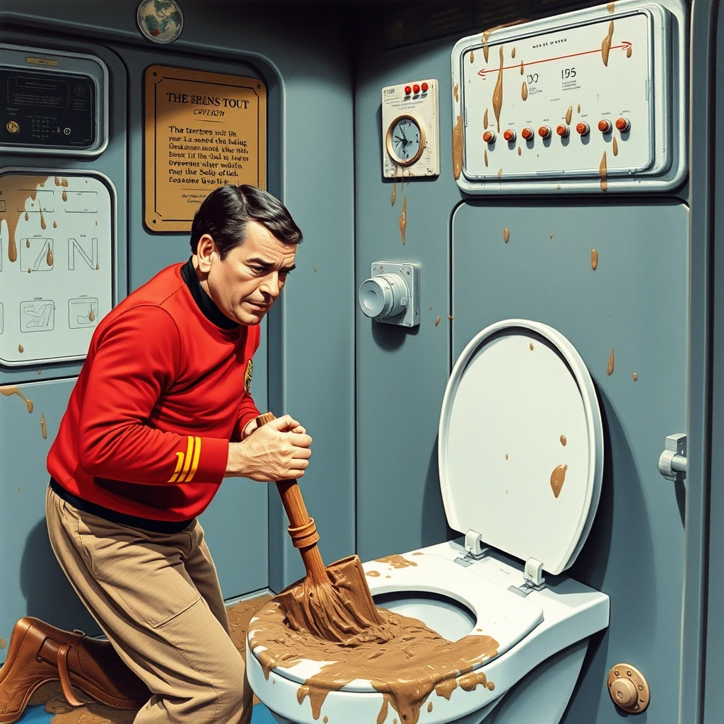 Mr. Scott plunges a toilet on the USS Enterprise; mud is splattered everywhere, as depicted by Arthur Sarnoff in 1965.