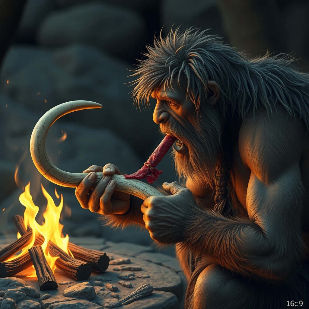 A Neanderthal eating a mammoth meat bone in front of a fire 16:9.