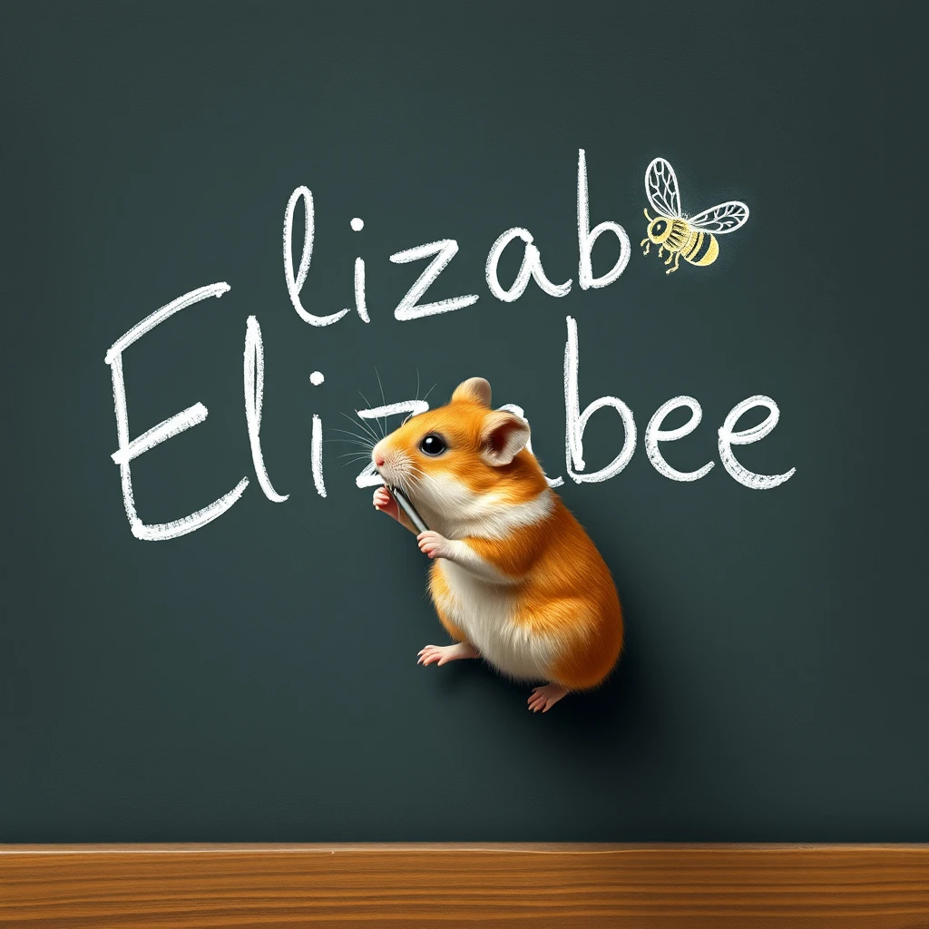 Hamster writing "Elizabee" on chalkboard, a doodle of a bee.