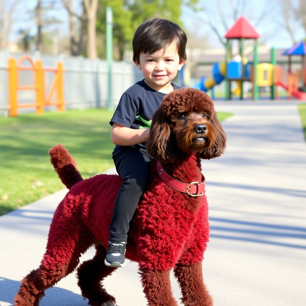 Four-year-old boy with dark brown hair riding a red standard poodle, wearing a dinosaur t-shirt and black jeans, cochlear implants, footpath, playground, clear day.