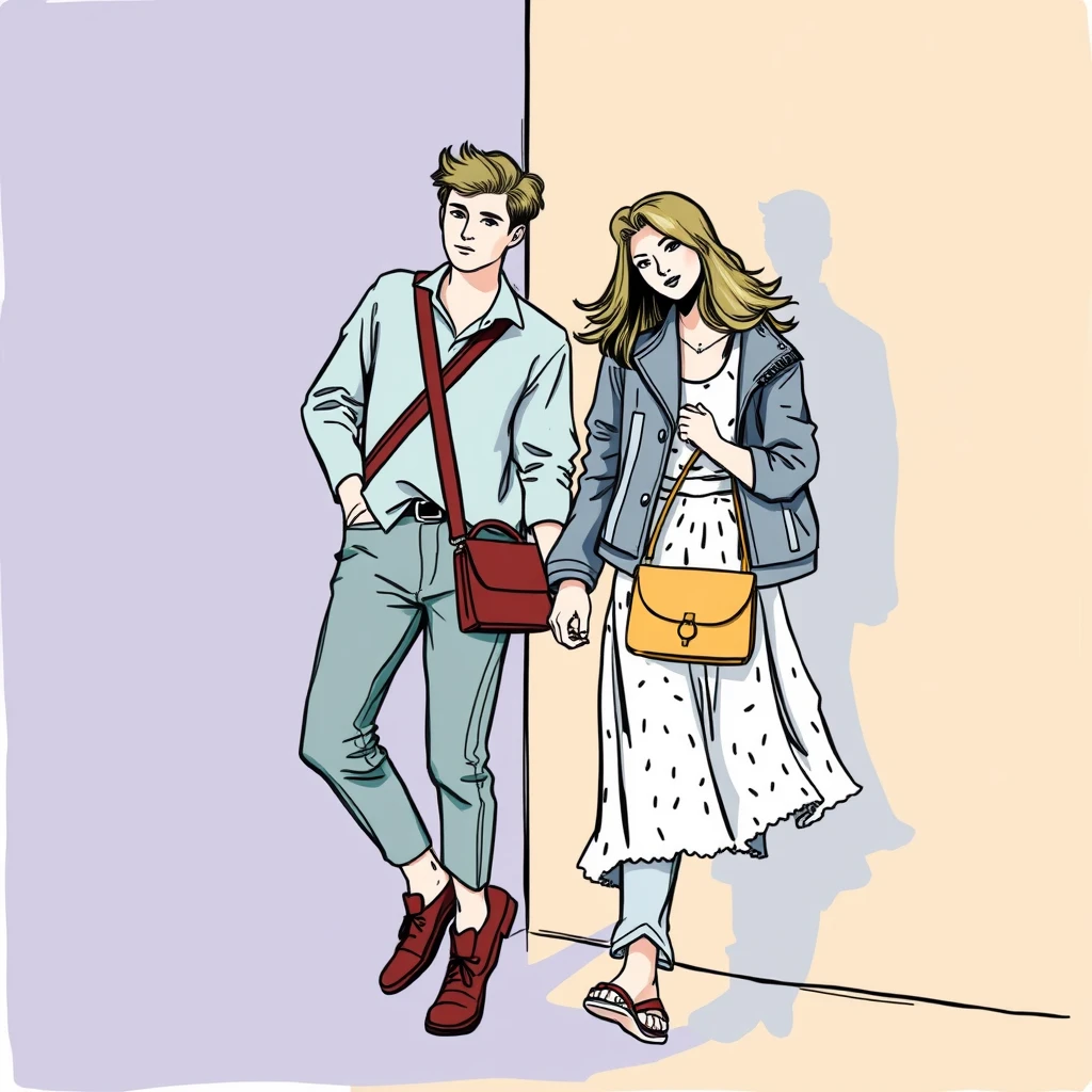 couple, daily, lifetime, full length, young, play, lineart, handbag, frill, fashion