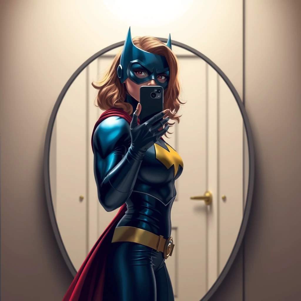 A woman superhero stands in front of a mirror capturing a selfie. - Image