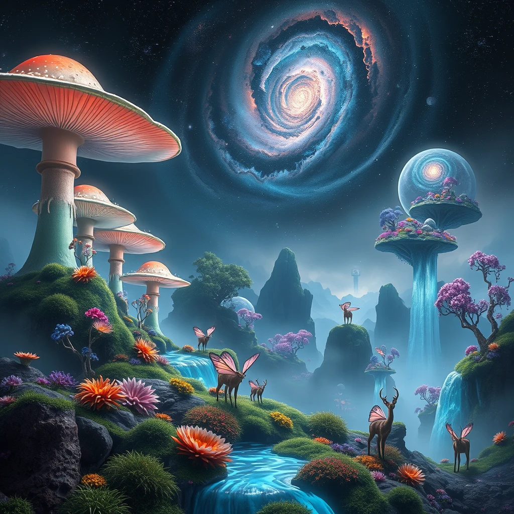 Otherworldly nature scene: Giant bioluminescent mushrooms tower over a misty alien forest. Crystal rivers flow upwards, defying gravity. Floating islands covered in impossible rainbow-colored plants hover in the sky. Ethereal creatures with butterfly wings and deer-like bodies graze on glowing moss. The sky is a swirling vortex of nebulas and distant galaxies.