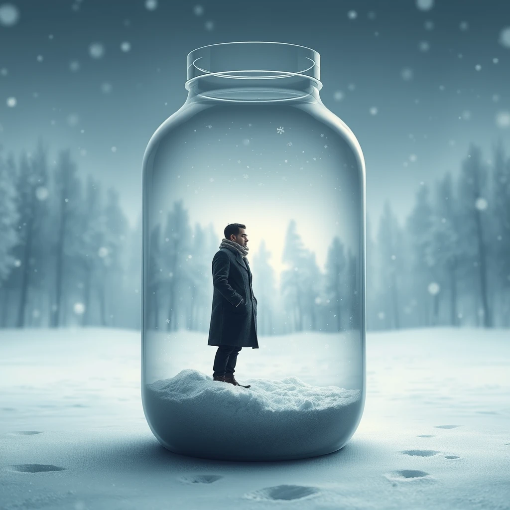 **Theme and Atmosphere**:  
"A tranquil solitary realm: A man dressed in a dark coat and scarf stands quietly inside a huge transparent glass bottle, surrounded by snow both inside and out, creating a desolate and profound world."  
  
**Background Setting**:  
- "The background features snowflakes dancing in the air and the blurred outlines of a forest, dominated by light blue and gray tones, creating a cold and peaceful atmosphere."  
- "In the distance, vague silhouettes of trees can be faintly seen in a snowy woods, adding a sense of depth to the scene."  
  
**Glass Bottle and Snow Scene**:  
- "The glass bottle is rendered with transparency, filled with pure white snowflakes inside, featuring rich details and distinct layers, echoing the snowflakes outside."  
- "The edges of the bottle can be slightly blurred to enhance the transparency of the glass and the sense of spatial depth."  
- "The snowy ground can be dotted with footprints or depressions of varying depths, suggesting the man has moved here, adding a narrative element."  
  
**Character Description**:  
- "The man is dressed in a dark coat and scarf, with a calm expression and deep-set eyes, gazing at a bare tree in the distance."  
- "The shape of the tree should be meticulously depicted, with thick snow cover on its branches, contrasting with the man, symbolizing the coexistence of life and solitude."  
- "Pay attention to the man's standing posture, conveying his inner tranquility and detached attitude towards the surrounding environment."  
  
**Emotion and Meaning**:  
- "The entire scene aims to convey a quiet and lonely beauty, allowing the viewer to feel the harmonious unity between the man's inner world and the outer environment."  
- "Through the metaphor of the glass bottle, one can explore the barriers and connections between the individual and the outside world, as well as the insignificance and greatness of humanity in the face of nature."  
  
**Details and Decoration**:  
- "Attention should be paid to the handling of light and shadow, using the light reflected by the snowflakes to enhance the brightness and depth of the painting."  
- "Without affecting the overall atmosphere, small decorative elements such as falling snowflakes and plants swaying in the cold wind can be added appropriately."  
  
**Style and Technique**:  
- "Please use delicate and emotive strokes in your creation, focusing on the harmonious combination of color and light."  
- "In composition, careful attention should be given to balance and contrast to ensure the scene is stable without losing dynamism." - Image