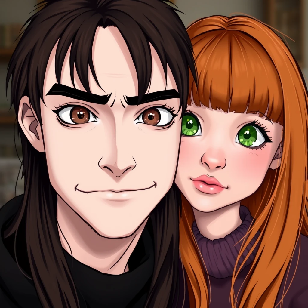 Young guy with long dark brown hair parted in the middle, sharp facial features, smirk, pale skin, light brown eyes, thick eyebrows, and long eyelashes next to a cute white ginger girl with a small nose, pink lips, green eyes, and long bangs hairstyle.