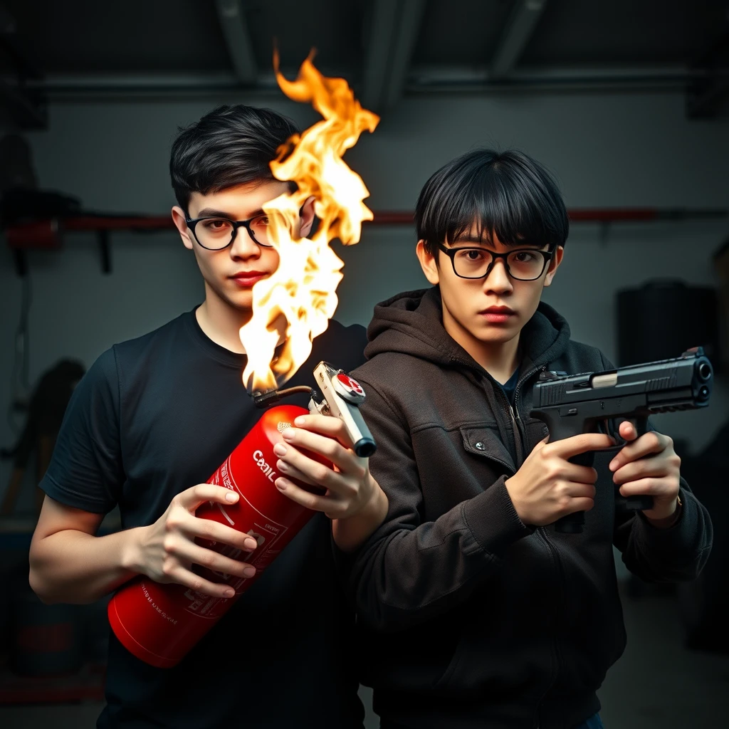 A 21-year-old very pale Italian man, wearing round glasses, with short black hair, holding a very large fire extinguisher flamethrower.  
And a 21-year-old Northern Chinese man, with a thin long face, wearing square glasses, having mid/long black fringe hair, holding a Glock.  
Both are angry; with murderous intent, in a garage setting. - Image