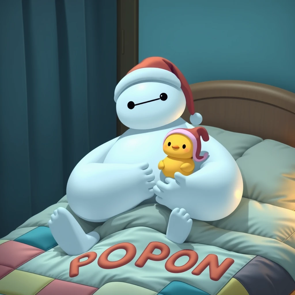 Baymax at night with a colored nightcap, holding a cute yellow kawaii hatchling with a nightcap in the biggest, most fantastic cute kawaii bed in the world with the word POPON sewn on the patchworked padding. - Image